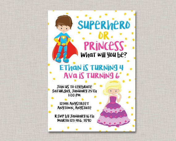 Superhero Princess Invitation,Princess Superhero Invitation,Princess Superhero Princess Party,Princess Superhero Party Invitation,Sibling Il_570xn