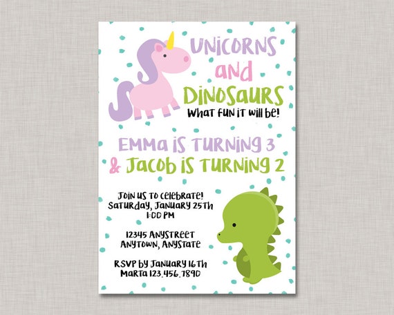 Dinosaur and Unicorn Birthday Invitation,Dinosaur and Unicorn Birthday,Unicorn and Dinosaur Party,Unicorn Dinosaur Birthday,Sibling Birthday Il_570xn