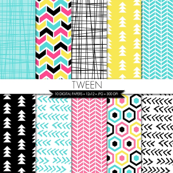 BUY 2 GET 1 FREE! Tween Digital Paper,Pink Aqua Black Yellow Digital Paper,Arrows Digital Paper,Geometric Digital Paper,Bright Digital Paper Il_570xn