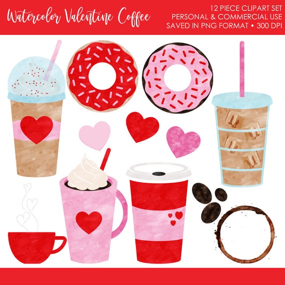 BUY 2 GET 1 FREE! Watercolor Coffee Clipart,Coffee Clip Art,Valentine Clipart, Valentine Coffee Clipart,Valentine Doughnut Clipart,Donut Il_570xn
