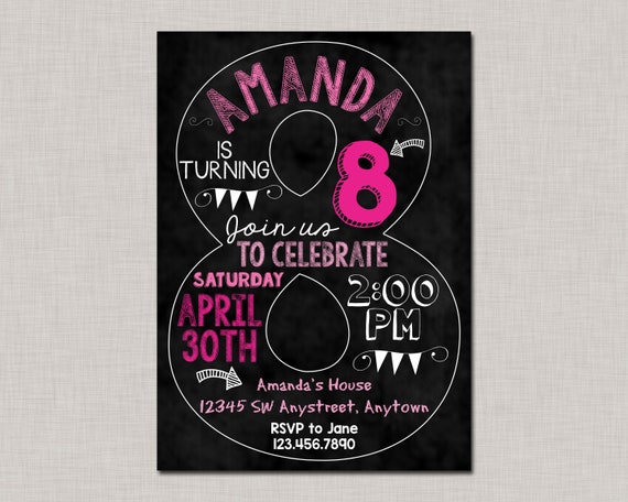 Eighth Birthday Invitation, 8th Birthday Invitation, Girl Birthday Invitation, Photo Invitation, 8th, Number 8, Eighth Birthday, Girl Bday Il_570xn
