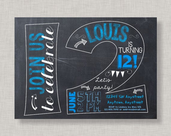 12th Birthday Invitation, Twelfeth Birthday Invitation, Boy Birthday Invitation, 12th, Number 12, Twelfth Birthday, Boy 12th, Chalkboard Il_570xn