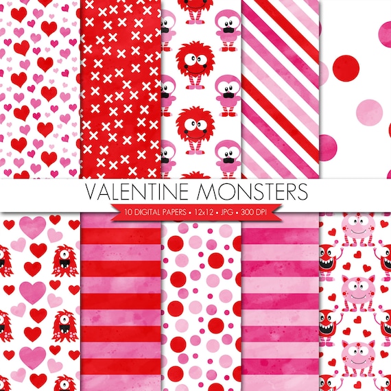 BUY 2 GET 1 FREE! Watercolor Valentine Monsters Digital Paper,Valentines Day Monsters Digital Paper,Valentine's Scrapbook Paper,Monsters Il_570xn