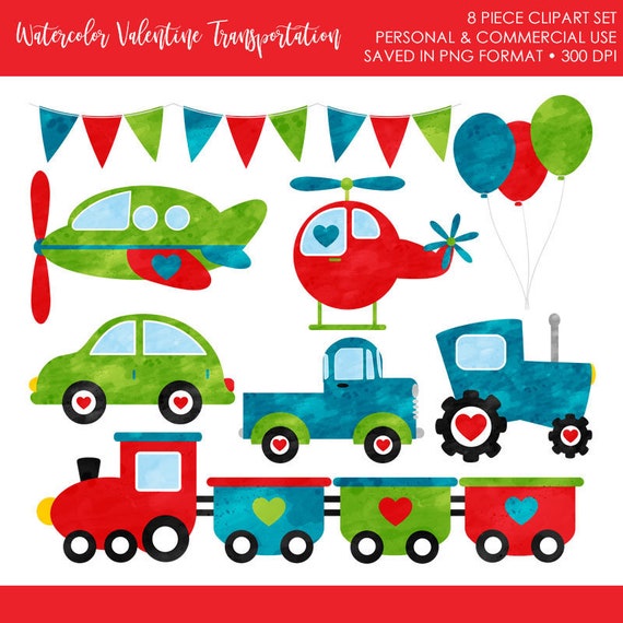 BUY 2 GET 1 FREE! Watercolor Transportation Clipart,Valentines Day Transportation Clipart,Car Truck Clip Art,Train Clipart,Plane Clipart Il_570xn