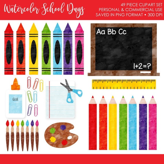 Buy 2 Get 1 Free Watercolor School Clipart School Clip Art School Supplies Clipart Crayon Clipart Painting Clipart Teacher Back To School By The Paper Blossom Shop Catch My Party