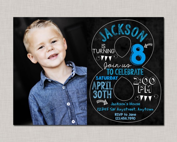 Eighth Birthday Invitation, 8th Birthday Invitation, Boy Birthday Invitation, Photo Invitation, 8th, Number 8, Eighth Birthday, Boy Birthday Il_570xn