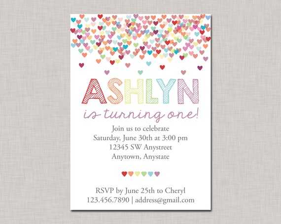 Confetti Birthday Invitation, Heart Birthday Invitation, Valentine Birthday Invitation, Rainbow Invitation, Girl Birthday Invitation, Hearts Il_570xn