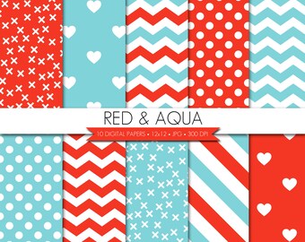 Red Aqua Blue Digital Paper,Red Aqua Digital Paper,Circus Digital Paper,Carnival Digital Paper,Aqua Red Digital Paper