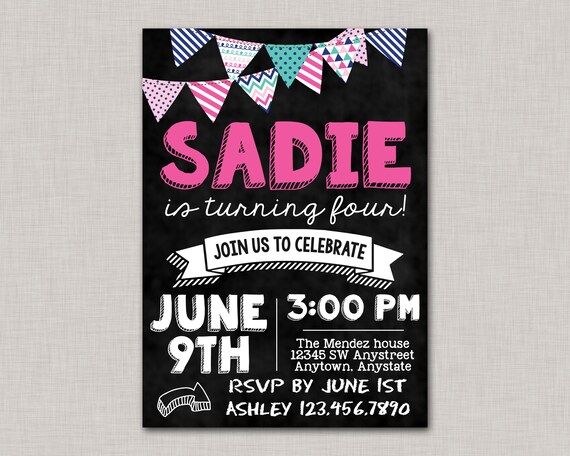 Birthday Invitation Girl,Birthday Invite Girl,Chalkboard Invite,Bunting Invitation,Pink Purple Aqua Birthday Invitation,Printable Invitation Il_570xn