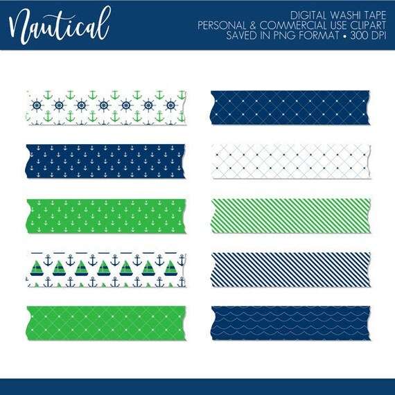 BUY 2 GET 1 FREE! Green White Blue Washi Tape Clipart,Nautical Washi Tape Clip Art,Digital Washi Tape,Digital Planner Stickers,Planner art Il_570xn