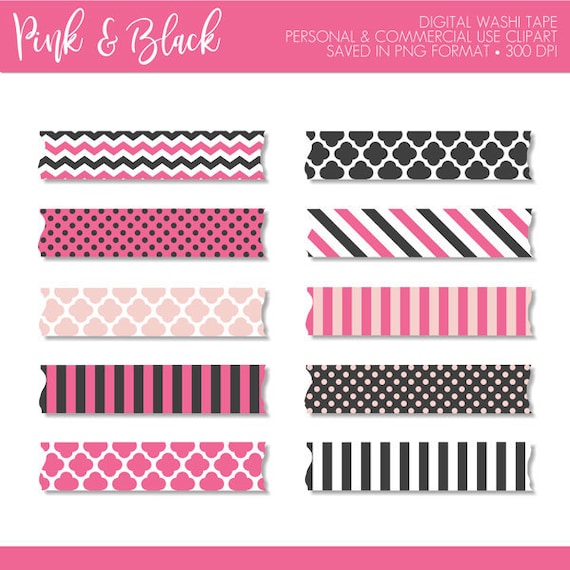 BUY 2 GET 1 FREE! Pink Black Washi Tape Clipart,Washi Tape Clip Art,Digital Washi Tape,Digital Planner Stickers,Planner Clipart,Scrapbooking Il_570xn