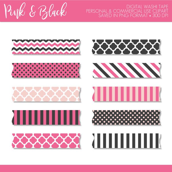 Hot Pink Washi Tape PNG Digital Clipart with Polka Dots, Stripes, Chevrons,  Gingham, Herringbone