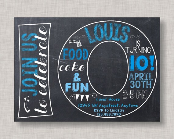 Tenth Birthday Invitation, 10th Birthday Invitation, Boy Birthday Invitation, 10th, Number 10, Tenth Birthday, Boy 10th, Chalkboard Il_570xn
