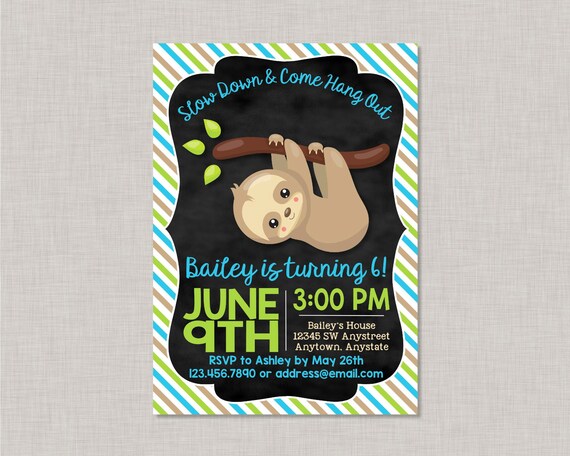 Sloth Invitation, Sloth Birthday Invitation, Sloth Birthday Party, Sloth Party, Animal Birthday Invitation, Chalkboard Invitation, Printable Il_570xn