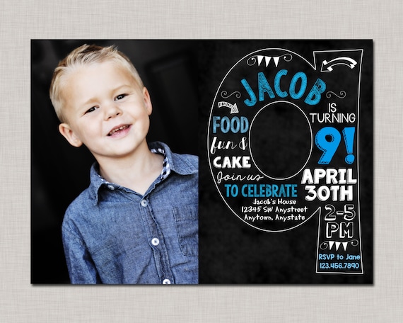 Ninth Birthday Invitation, 9th Birthday Invitation, Boy Birthday Invitation, Photo Invitation, 9th, Number 9, Ninth Birthday, Boy 9th Bday Il_570xn