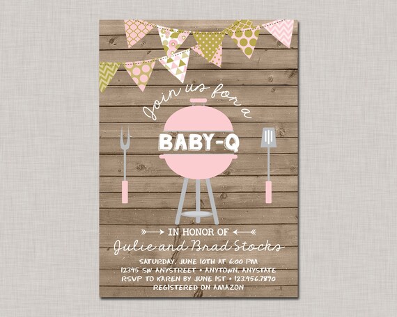 BBQ Baby Shower Invitation, Baby Q Invitation, Coed Couples Baby Shower, Pink and Gold Baby Shower Invitation Il_570xn