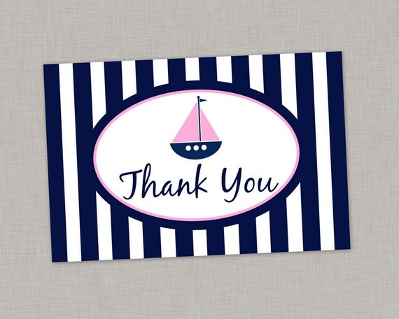 Nautical Thank You Card, Baby Shower Thank You Cards, Birthday Thank You Cards, Pink Nautical Thank You Card, Printable Thank You Card Il_570xn