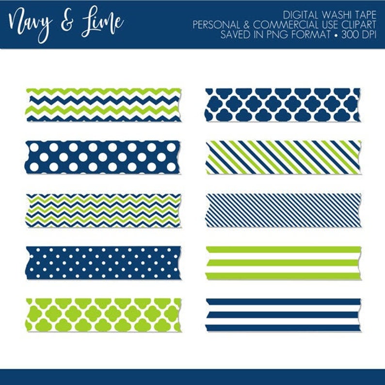 Navy Blue Lime Green Washi Tape Clipart,Washi Tape Clip Art,Digital Washi Tape,Digital Planner Stickers,Digital Scrapbook image 1