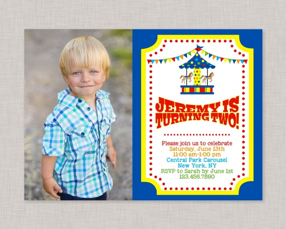 Carousel Invitation,Carousel Birthday Invitation with photo,Boy Carousel Invitation,Boy Carousel Party,Carousel Party,Circus Birthday Invite Il_570xn