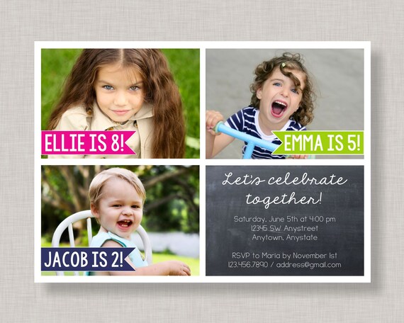 Sibling Birthday Invitation, Joint Birthday Invitation, Chalkboard Invitation, Three Children, Cousins, Friends, Siblings Il_570xn