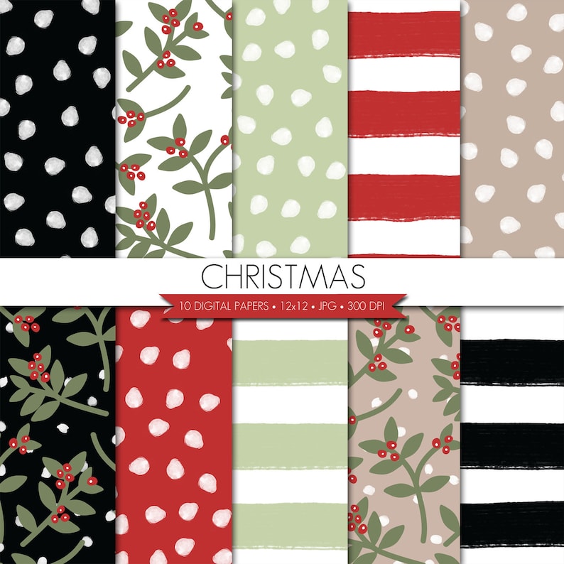 Christmas Digital Paper,Christmas Floral Digital Paper,Floral Christmas Digital Paper,Red Black Paper,Fun Christmas Paper image 1