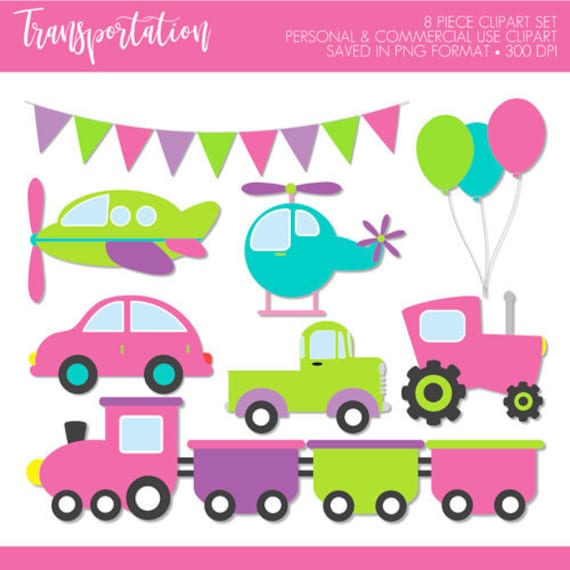 Girl Transportation Clipart,Transportation Clip Art,Car Truck Clip Art,Train Clipart,Plane Clipart,Helicopter Clipart,Tractor Clipart,Pink Il_570xn