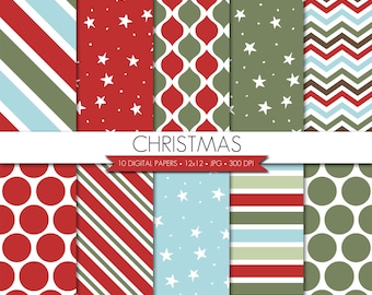 Christmas Digital Paper,Traditional Christmas Digital Paper,Stripes Digital Paper,Stars Digital Paper,Red Green Blue Paper