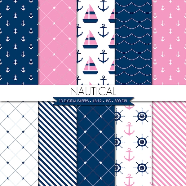 Nautical Digital Paper,Pink Blue Digital Paper,Coastal Digital Paper,Digital Paper Pack,Digital Paper,Scrapbook Paper