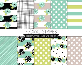 Floral Stripes Digital Paper,Floral Digital Paper,Stripes Digital Paper,Blue Green Beige Black Digital Paper,Flowers Paper