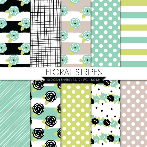 BUY 2 GET 1 FREE! Floral Stripes Digital Paper,Floral Digital Paper,Stripes Digital Paper,Blue Green Beige Black Digital Paper,Flowers Paper Il_570xn
