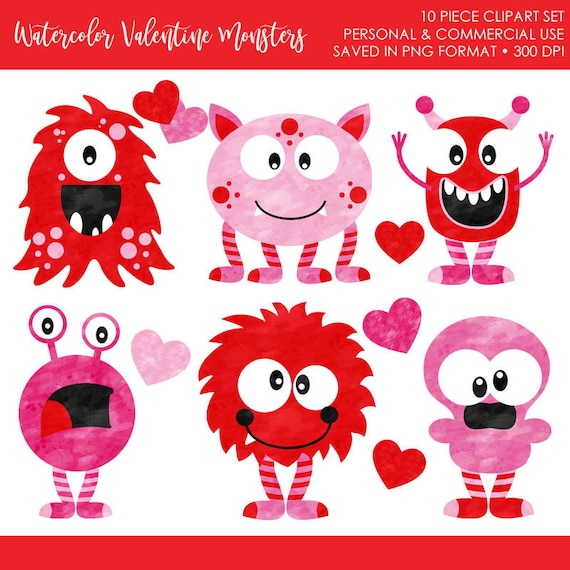 BUY 2 GET 1 FREE! Watercolor Valentine Monster Clip Art,Love Monster Clipart,Valentine Monsters Clipart,Valentine Clipart,Monster Clipart Il_570xn