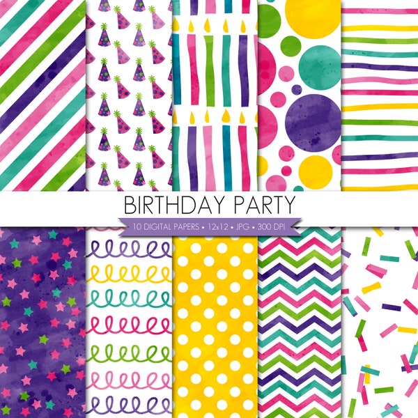 Girl Digital Paper,Birthday Party Digital Paper,Confetti Digital Paper,Pink Purple Aqua Lime Green Digital Paper,Watercolor Birthday Paper