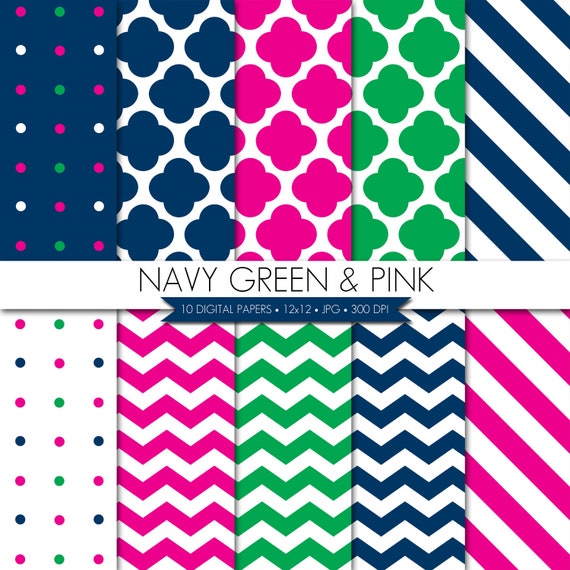 Digital Paper,Navy Green Pink Digital Paper,Navy Green Pink Scrapbook Digital Paper,Digital Paper Pack,Digital Scrapbook Paper,Preppy Il_570xn