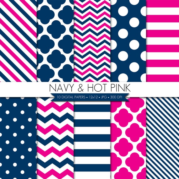 BUY 2 GET 1 FREE! Digital Paper,Navy Hot Pink Scrapbook Digital Paper,Digital Paper Pack,Digital Scrapbook Paper,Pink Navy Digital Paper Il_570xn