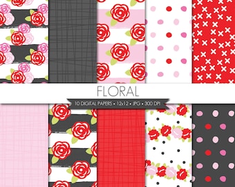 Red Pink Floral Digital Paper,Valentine Floral Digital Paper,Modern Floral Digital Paper,Red Rose Digital Paper,Stripes