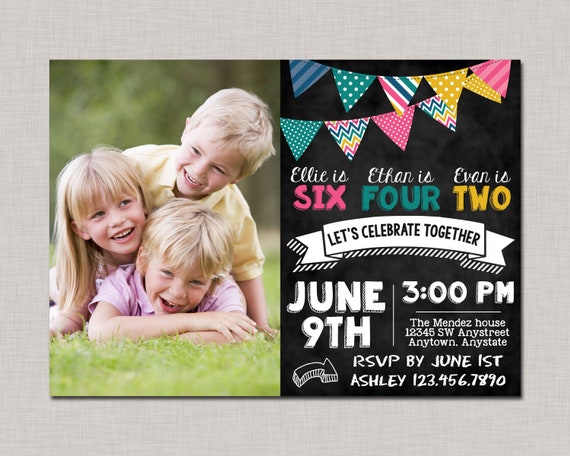 Sibling Birthday Invitation,Boy Girl Birthday Invitation,Joint Birthday Invitation,Triplet Birthday Invite Il_570xn