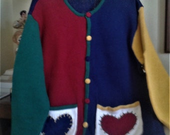 Mike & Me sweater, vintage cardigan, sweater with hearts, Size L, free shipping in Canada and the United States