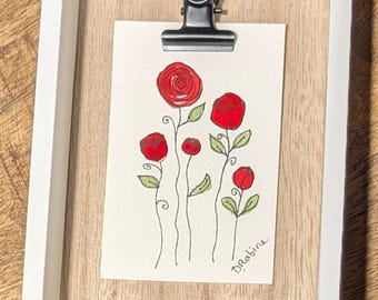 Original Watercolor Rose Painting, Tiny Framed Floral Artwork, Whimsical Wall Decor