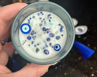 Handmade Evil Eye Protection Candle, Crystal Cleansing, Negative Energy Shielding, Witchy Decor