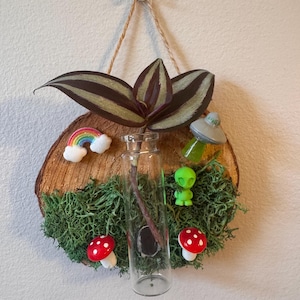 May include: A whimsical wall hanging featuring a wood slice base adorned with green moss, a clear glass vial, and decorative elements. Includes a rainbow, red and white mushroom figurines, a green alien, and a miniature UFO. A plant with striped leaves is also included.
