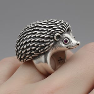 May include: A silver hedgehog ring with detailed quills and a small red gem for an eye. The ring is a unique piece of jewelry, showcasing a whimsical animal design. The ring is worn on a finger.