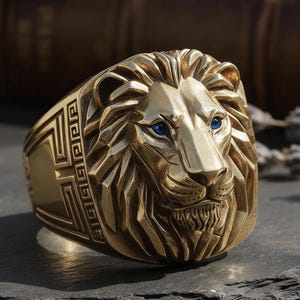 Corona di leone regale / Anello da uomo / Oro vintage / Incisione greca / Dichiarazione di potente re