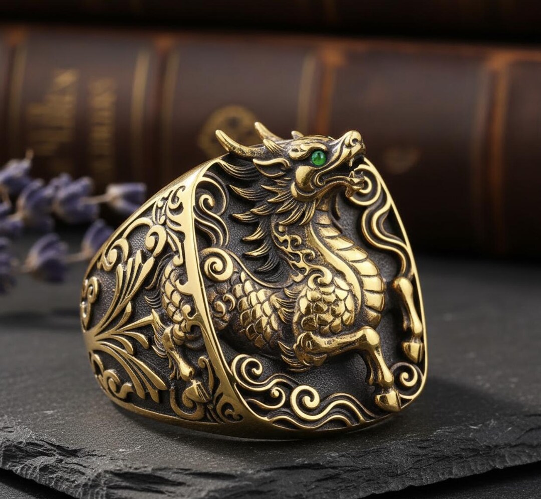Eastern Dragon Ring | Gold Plated Brass, Green Stone Eyes - Etsy