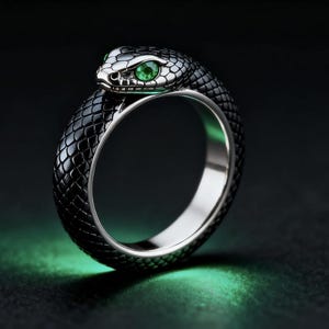 May include: A silver snake ring with a black, textured body and green gemstone eyes. The snake's head forms the top of the ring, creating a distinctive design. The ring's design is detailed and eye-catching.