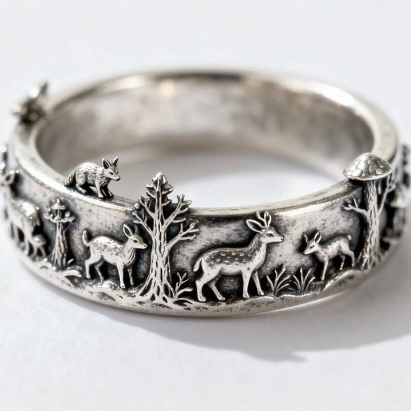 Einzigartiger Ring mit Wald - Einzigartige silberfarbene Waldszene, handgemachter Naturschmuck