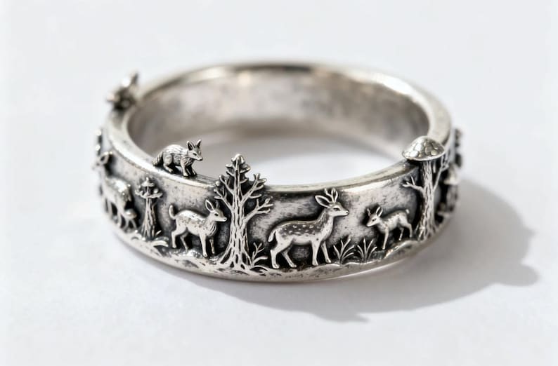 One of a Kind Fantasy Woodland Ring – Unique Silver-tone Forest Scene ...
