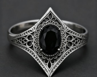 Gothic Filigree Black Onyx Ring | Victorian Silver-Tone Statement