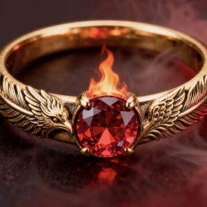 May include: A gold ring with a large, round, red gemstone. The ring has detailed feather and eagle wing designs on the band. Flames appear to be coming from the gemstone, creating a dramatic effect. The ring is a statement piece.