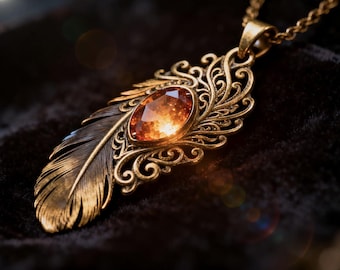 One‑of‑a‑Kind Feather Necklace – Amber Fantasy Pendant, Vintage Brass Fantasy Jewelry