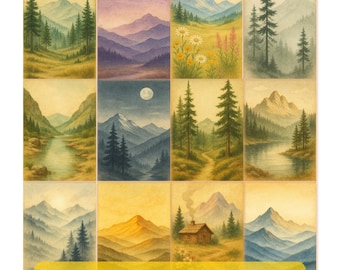 Vintage Mountain Landscape Postcard Set – 12 Printable Nature Art Cards